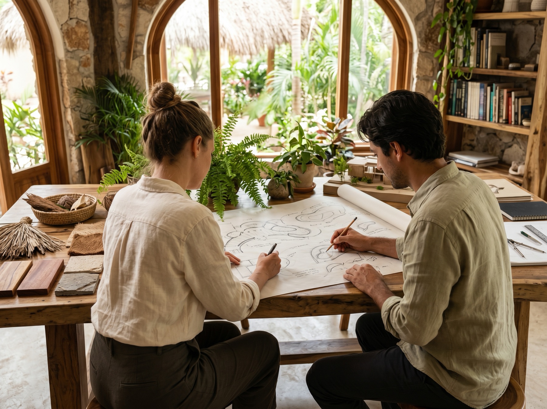Equipo de arquitectura trazando planos orgánicos