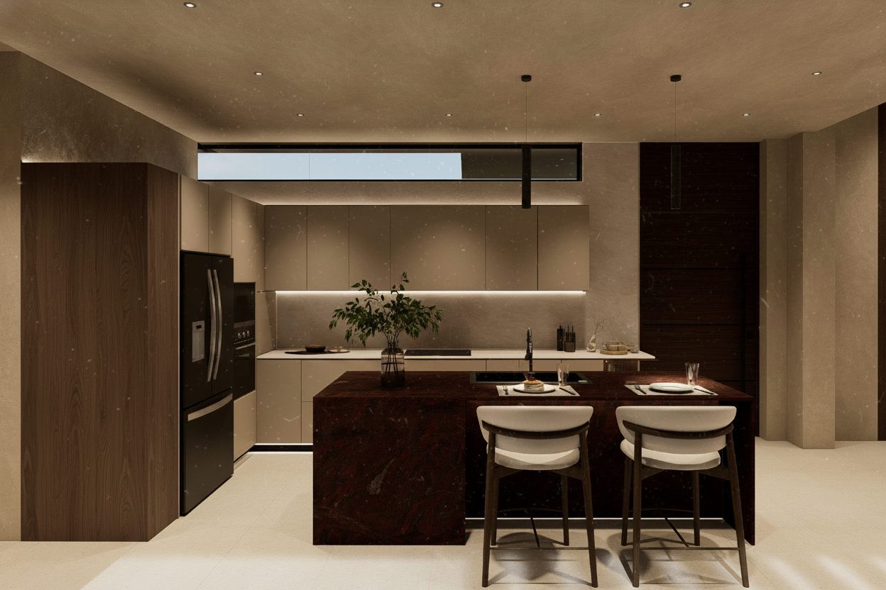 Villa 1 AMŪN — cocina con isla de mármol rojo natural y bar para dos