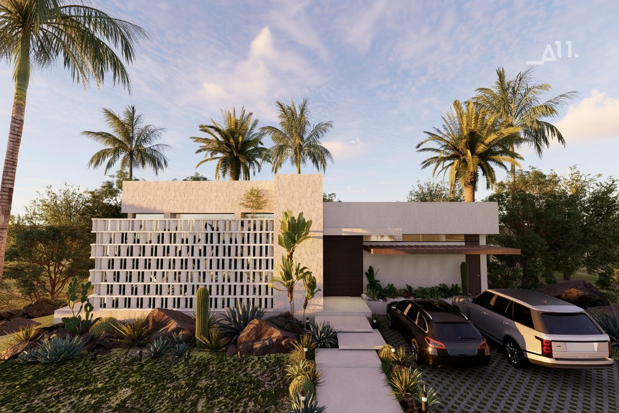 Villa 1 AMŪN — fachada de día con celosía blanca, cactus y palmas