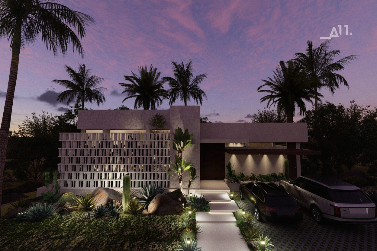 Villa 1 AMŪN — fachada nocturna con celosía blanca iluminada, atardecer púrpura caribeño y palmeras silueta