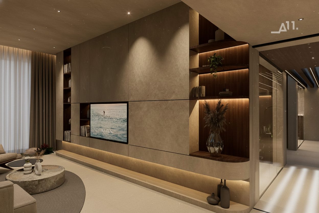 Villa 1 AMŪN — living con pantalla AMŪN, biblioteca empotrada y meditación