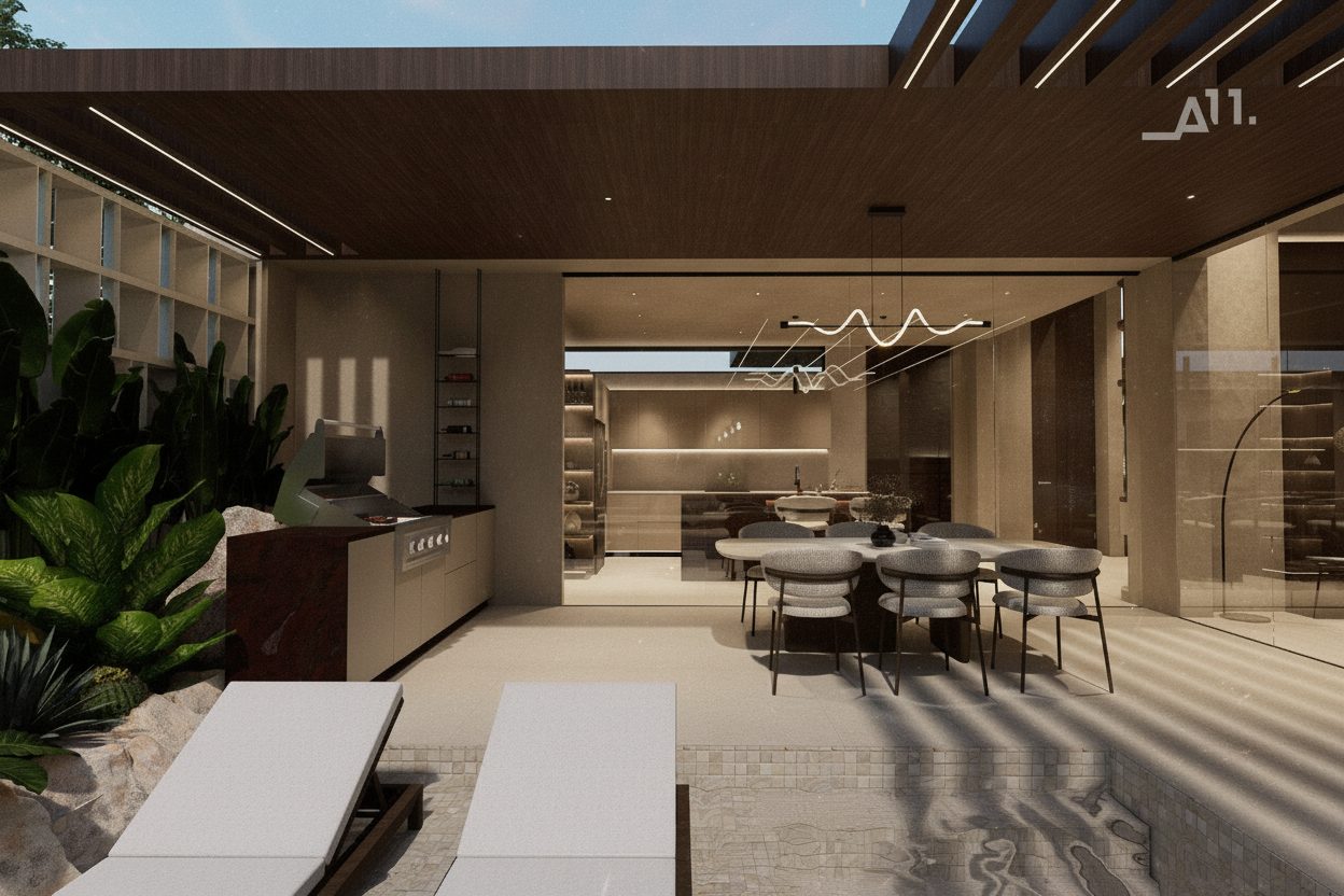 Villa 1 AMŪN — pérgola con cocina exterior, comedor abierto y chaise frente al jardín
