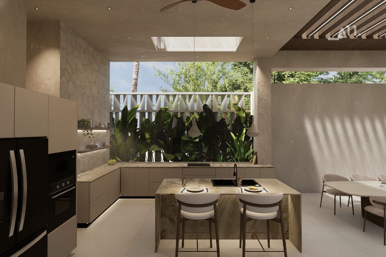 Villa 2 AMŪN — cocina con isla mármol, ventanal a celosía exterior y vegetación tropical