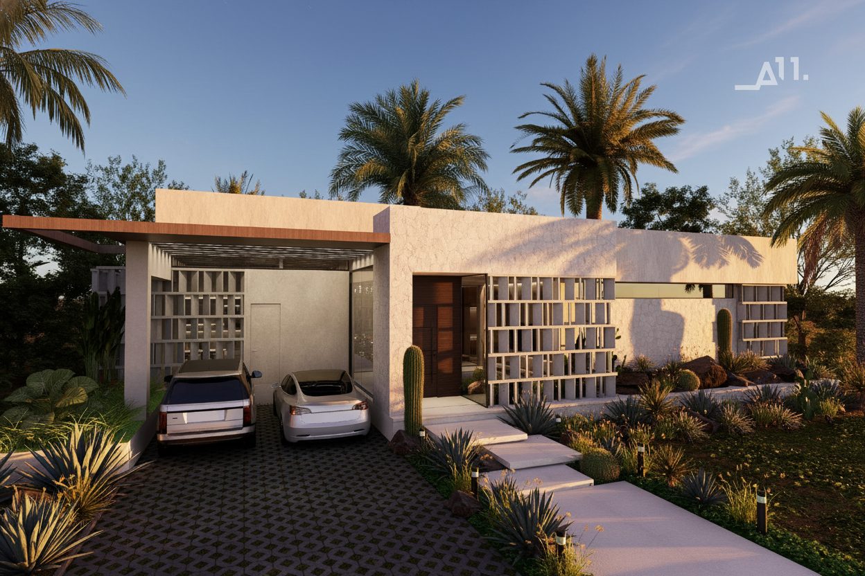 Villa 2 AMŪN — fachada de día con celosías simétricas y entrada central de madera