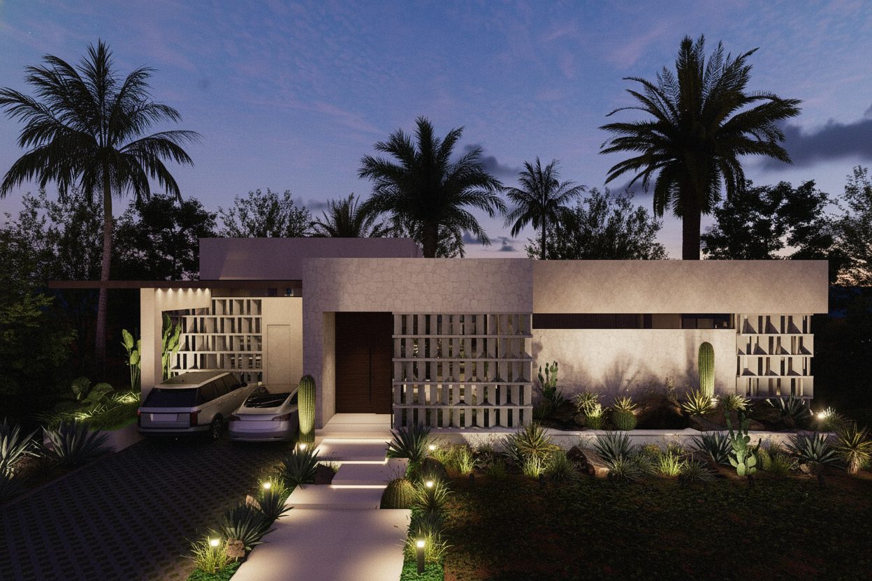 Villa 2 AMŪN — fachada nocturna iluminada con múltiples celosías y luces de jardín en cactáceas