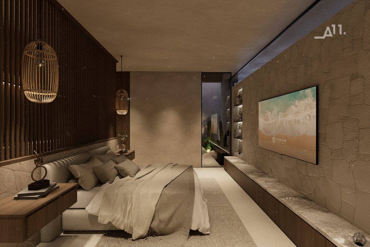 Villa 2 AMŪN — habitación principal con cabecera de listones, lámparas tejidas y pantalla beach AMŪN