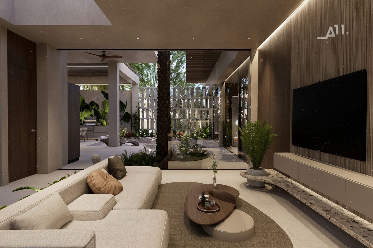Villa 2 AMŪN — living con palmera real interior, sofá modular y muro celosía