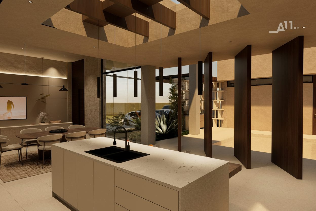 Villa 3 AMŪN — cocina con isla central y techo geométrico de madera bajo lámparas tubulares
