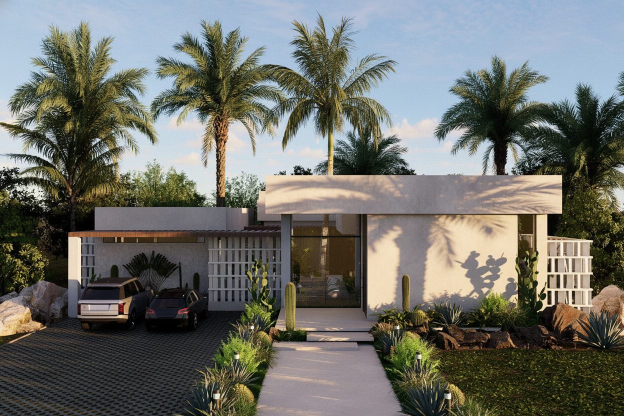 Villa 3 AMŪN — fachada de día con escultura central, palmas y celosías laterales