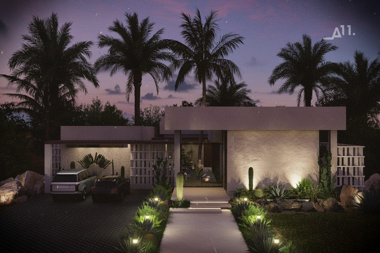 Villa 3 AMŪN — fachada nocturna con palmeras silueta sobre cielo púrpura caribeño y entrada iluminada