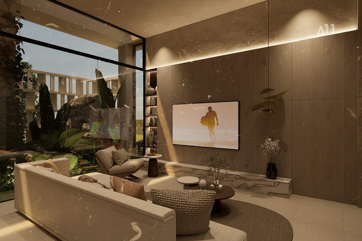 Villa 3 AMŪN — living de doble altura con muro vegetal y pantalla AMŪN beach
