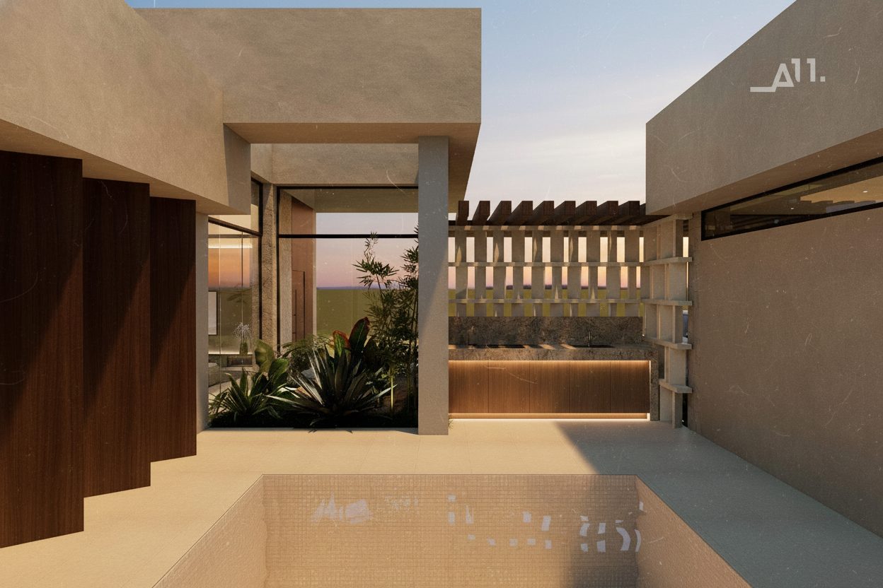 Villa 3 AMŪN — piscina exterior con grill, celosía de madera y vista al atardecer del Caribe